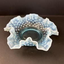 Vintage Fenton Blue Opalescent Hobnail Bon Bon Candy Dish Bowl Plate Ruffled