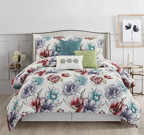 Modern 7 Piece Comforter Set, White,Graceful Size, Floral, 100% Queen White-1