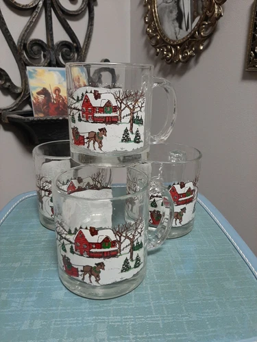 4 Vtg Libbey Christmas Winter Village Snow Scene Horse & Sleigh Glass 13oz Mugs