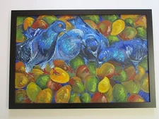 LARGE KEVIN YUEN PAINTING SURREAL ABSTRACT EXPRESSIONISM FRUIT PIGEONS MOD