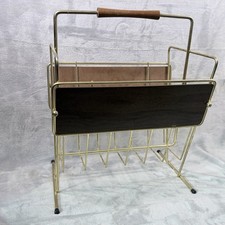 Vintage MCM Brass Wire Magazine Record Rack Wood Handle Gold Tone 1960s