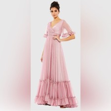 New Mac Duggal Pink Butterfly Ruffle Sleeve Wrap Flowy Gown Rose Sz 8 br 67935