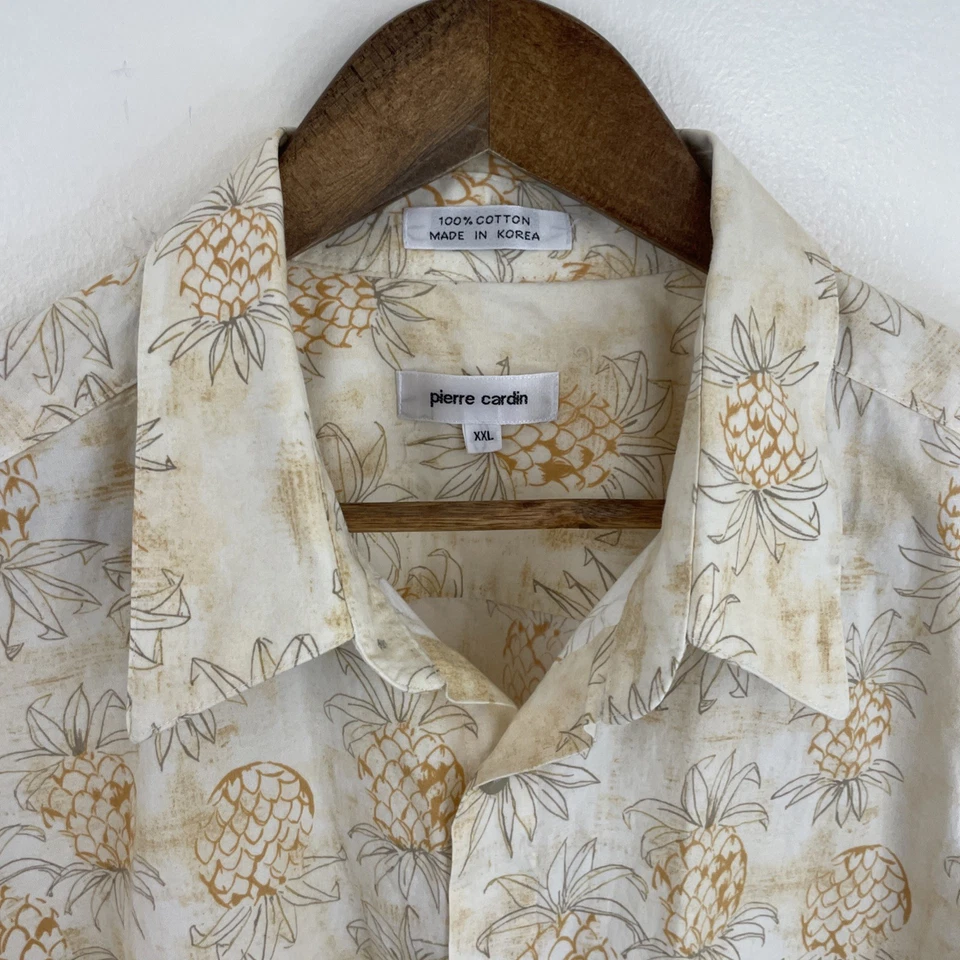 Pierre Cardin Hawaiian Shirt Mens 2XL XXL Beige & Orange Pineapple Short Sleeve - Image 4 of 4