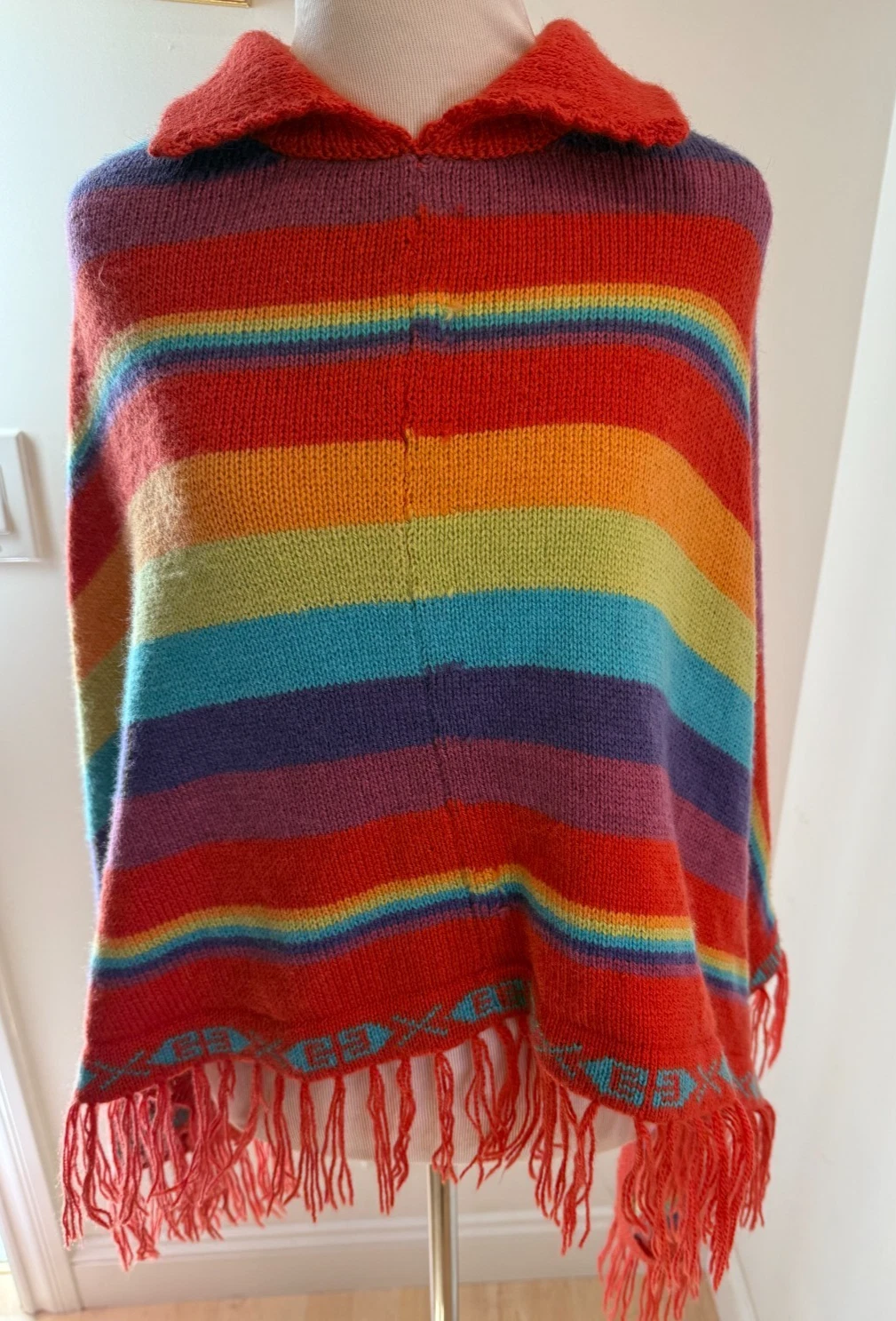 Hand Knitted Poncho Striped Knit Collared Rainbow Fringe Women's One Size Boho