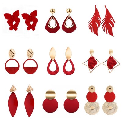 Gold Tone Drop Earrings Red Geometric Pendant Long Hook Dangle Women Jewelry