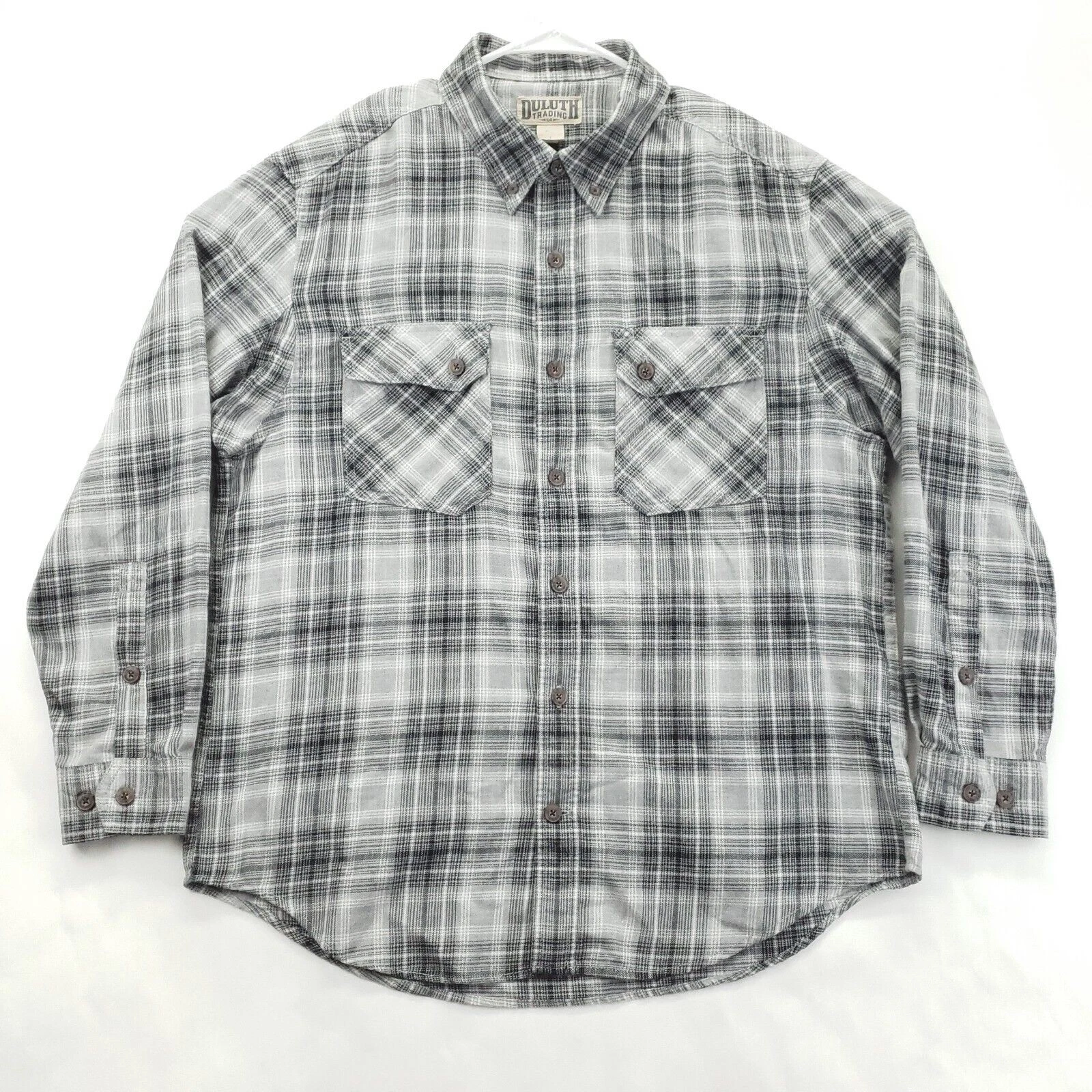 Duluth Flannel Shirt Mens Large Gray White Plaid Cotton Pockets Button-Down