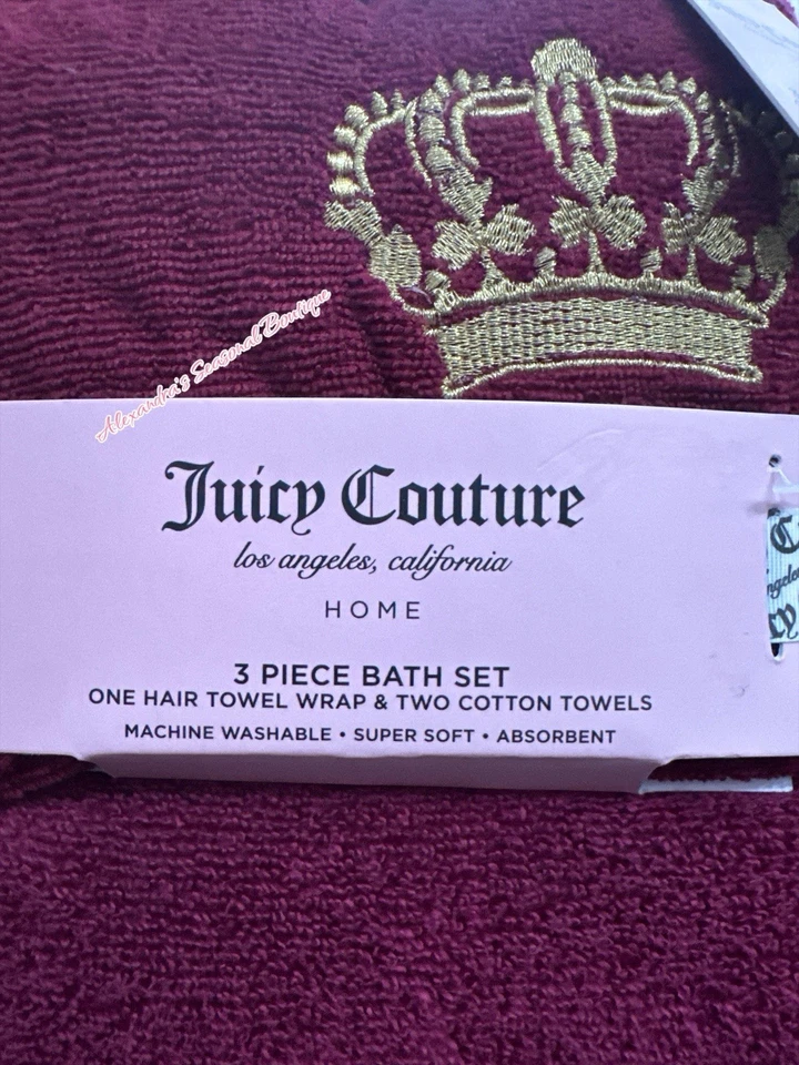 Juicy Couture Golden Crown Burgundy 3PC Bath Hair Wrap Towel , Two Cotton Towels - Image 3 of 4
