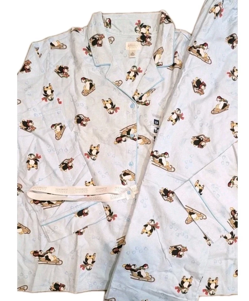 Classic Elements Woman 2 Pc Flannel Baby Blue Penguins Winter Pajama Set  NWT 3X - Image 4 of 4