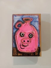 6x4" Original Painting  Cute Pig Face  Jug Art  Signed By Artist On Wood Box