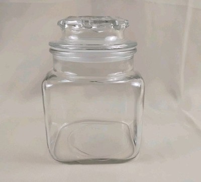 Vintage Square Anchor Hocking Thick Clear Glass Apothecary Jar Canister Lid 6.5