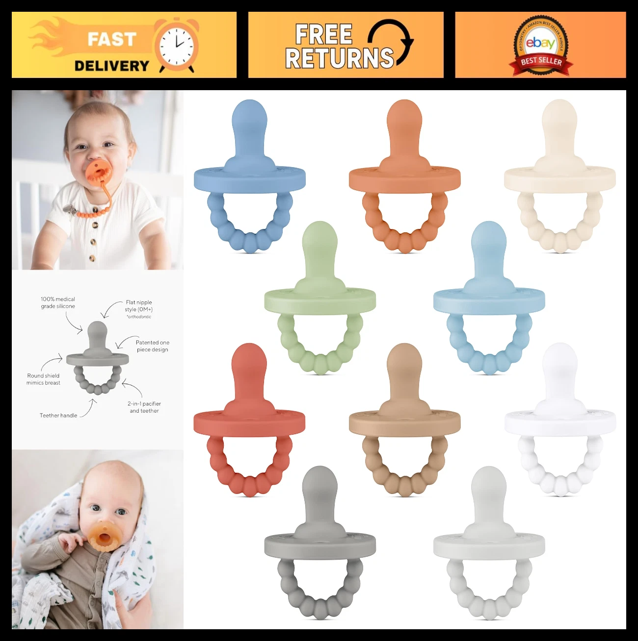 10 Pack Cutie PAT Pacifier Teether Assorted Colors for Boys - Soft & Safe