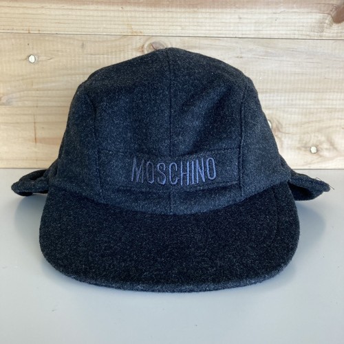 MOSCHINO black gray wool ear flap hat 