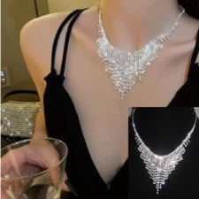 Rhinestone Spray Necklace Choker Crystal Tassel Bib Collar Elegant Glamour Bling