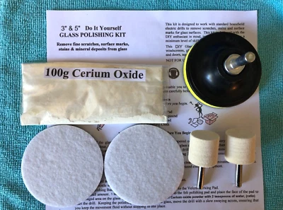 POLISH4 CERIUM OXIDE~BEST QUALITY GLASS POLISHING COMPOUND~ 3" GLASS POLISHING KIT~100g