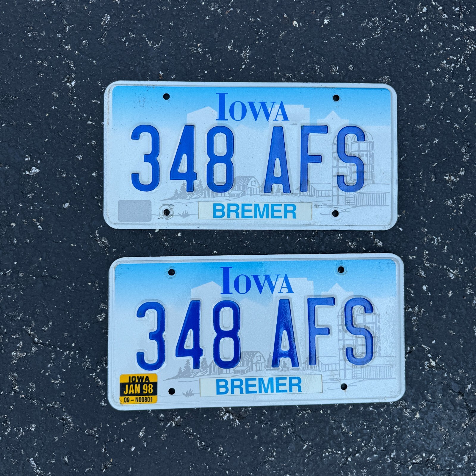 1998 Iowa License Plate Pair Auto Tag Garage Decor BREMER County 348 AFS