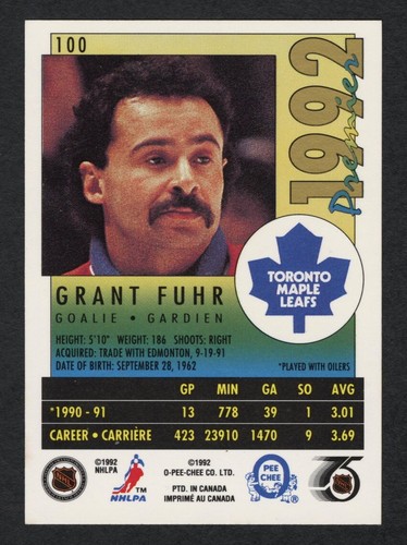 1991 O-Pee-Chee Premier 100 Grant Fuhr Perfect Gold Color Match Autographed Auto - Picture 2 of 2