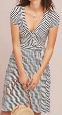 Anthropologie Maeve Striped Faux Wrap Midi-Dress Short Sleeve Stretch sz S