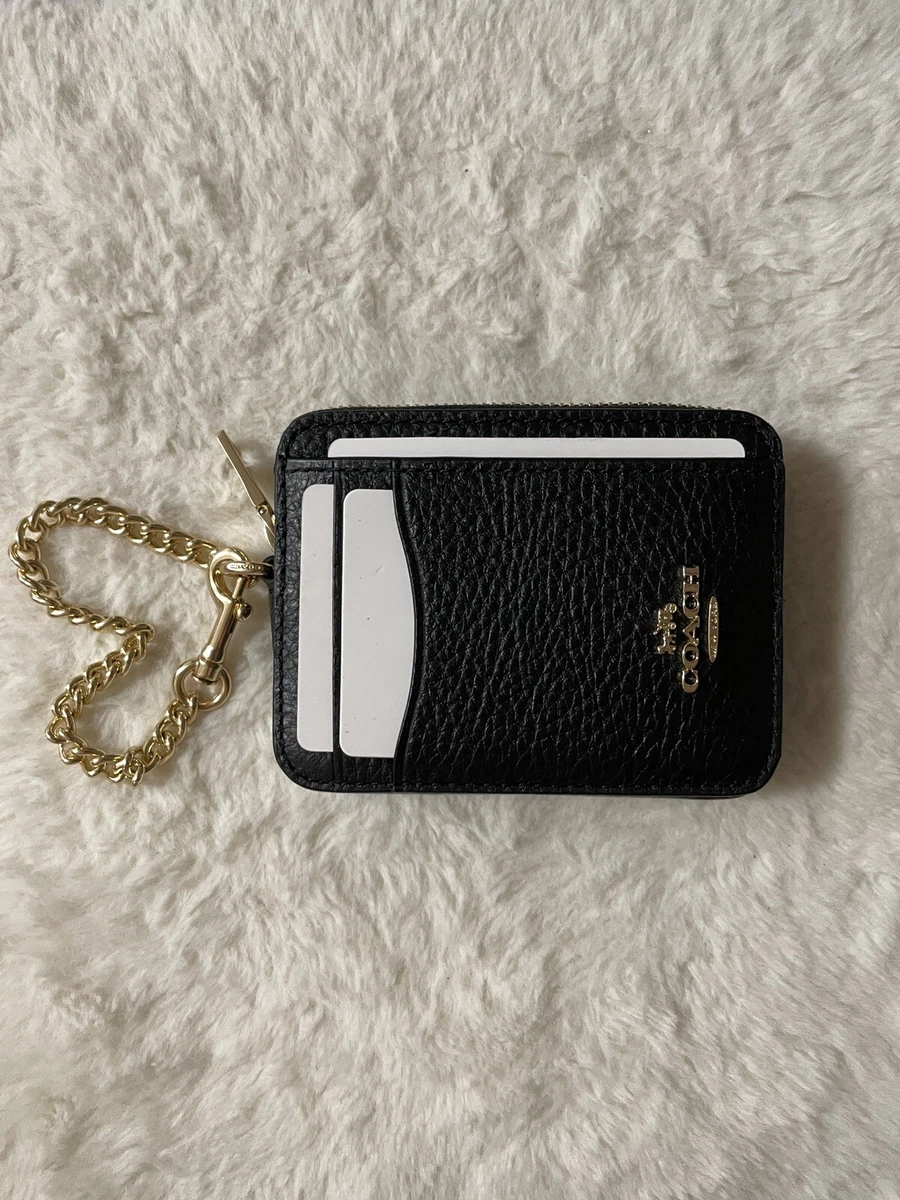 COACH Zip ID Card Case With Gold Chain Black Leather Mini Coin Wallet NWT  Unisex