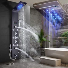 Stainless Steel Shower Panel Tower System LED Rain&Waterfall Massage Body Jet