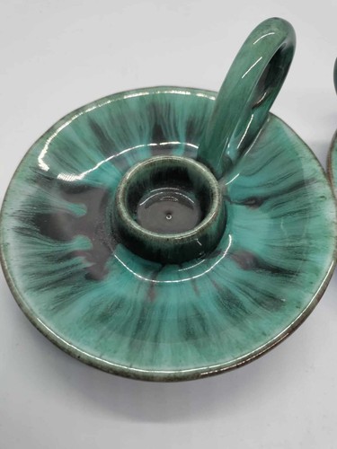 Pair Blue Mountain Pottery Candle holders Vintage Blue/green rare find - Picture 2 of 10