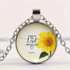 Sunflower Bible Quote Design Round Pendant Necklace