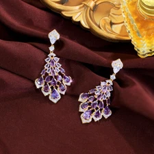 Gold Plated Cubic Zirconia CZ Purple Crystal Chandelier Teardrop Dangle Earrings