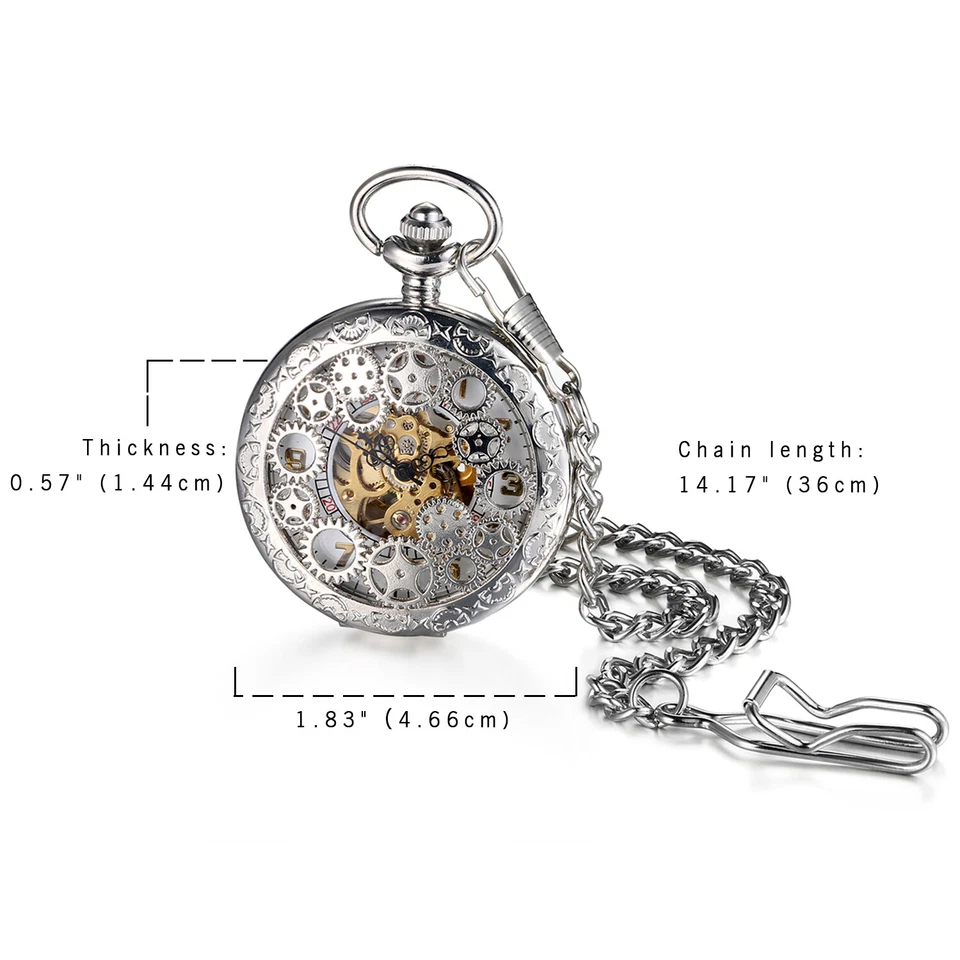 Reloj Bolsillo Mecánico Vintage Hombre Mujer Tono Plateado Steampunk Cadena Esqueleto Foto 3 de 4