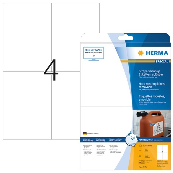 Herma 4576 Wetterfeste Folien-Etiketten A4 105,0X148,0 Mm AblöSbar Weiß Matt Str-image