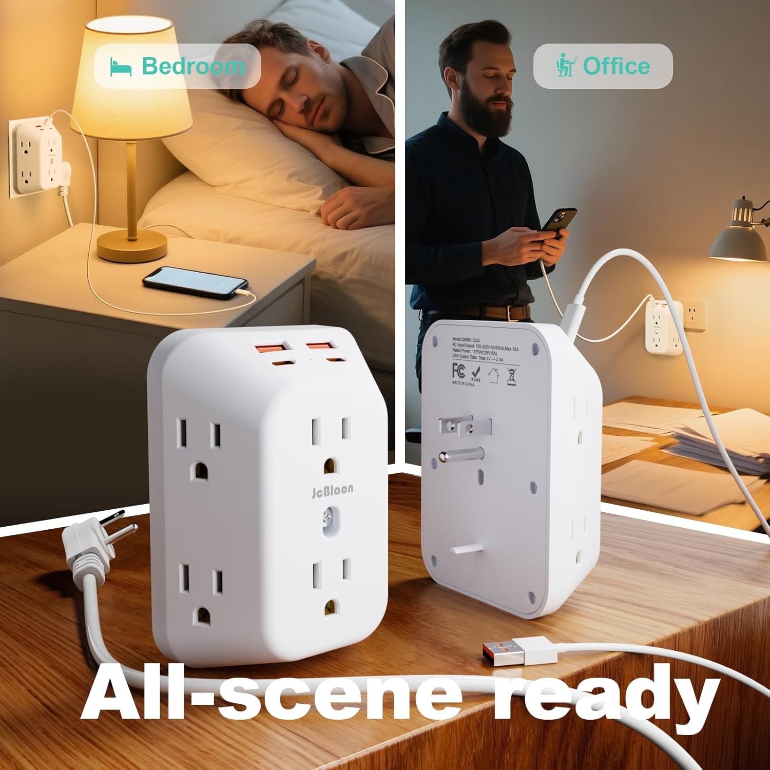 Multi Plug Wall Outlets, 6-Port Outlet Extender with 4 Charging USB White 