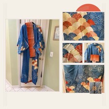Silk Kimono Blue Orange Fan Pattern with Obi Traditional Japanese Clothing