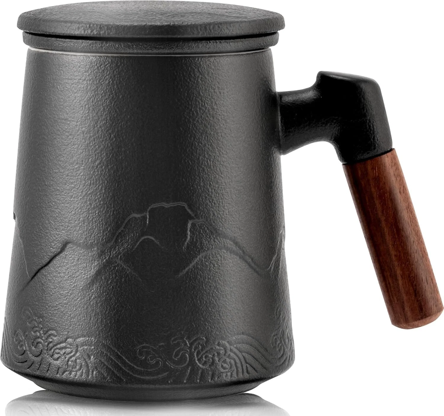 suyika Tea Cup with Infuser and Lid, 15.2 Ounce Wood Handle Matte Black