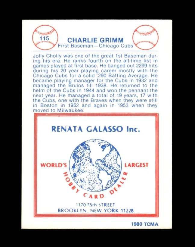 1977 Tcma Renata Galasso Set-Break #115 Charlie Grimm NM-MT OR BETTER *GMCARDS* - Image 2 of 2