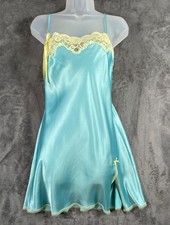 Victorias Secret Satin Slip Dress Medium Blue Yellow Lace Slit Y2K Lingerie