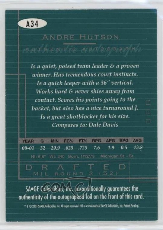 2001-02 SAGE Hit Auto Andre Hutson #A34 Auto - Image 2 of 2
