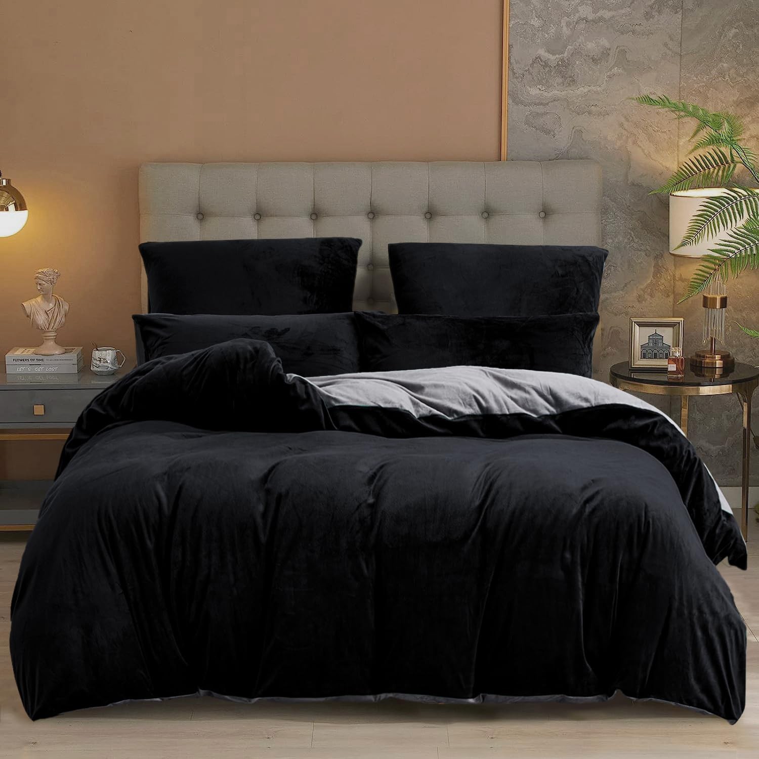 Housse de couette flanelle 200x200 cm noir et gris | Parure de lit polaire CozyNight