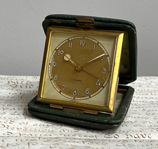 VINTAGE 50s BRASS GERMAN REICH PATENT CASED TRAVEL ALARM CLOCK~ 7 RUBIS~WORKING