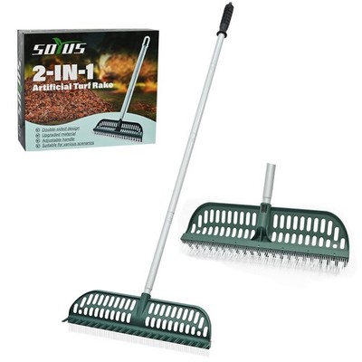 Artificial Turf Rake, 2 in 1 Turf Rake with Adjustable Steel Handle, 30'' to 53''