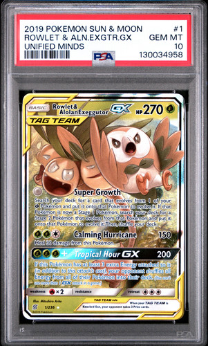Pokemon PSA 10 Unified Minds Rowlet & Alolan Exeggutor GX (1/236)