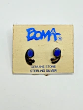 BOMA GENUINE STONE STERLING SILVER BLUE OVAL CABOCHON STUD EARRINGS WITH BACKS