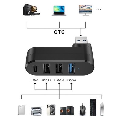 180° Rotatable 4 Port USB 3.0 2.0 Hub USB C High Speed Data Transfer Hard Disk