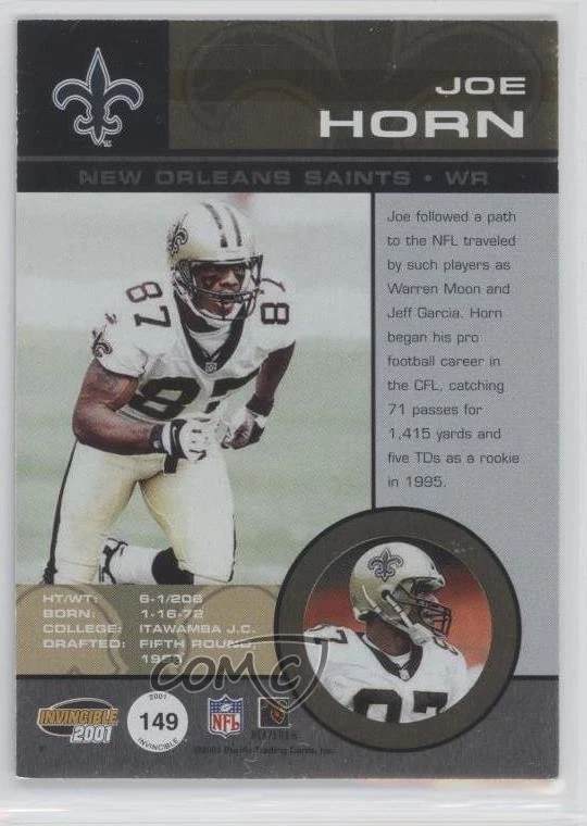 2001 Pacific Invincible Blue /250 Game-Worn Jersey Joe Horn #149 - Image 2 of 2