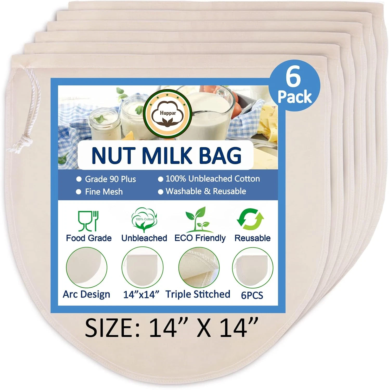 6 Pack 14"x14" Nut Milk Bags - 100% Unbleached Cotton, Food Strainer, Reusable C