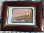 FRAMED PHOTOGRAPH OF 3 CROSSES TITLED HE IS RISEN. 9"X7" IN BEAUTIFUL WOOD FRAME — photo 2