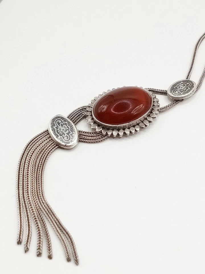 Collana Antica Vintage Argento 800 Corniola Art decò Ottomano Dettagli Niello  - Immagine 3 di 4