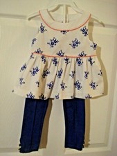 Janie and Jack Two Piece Royal Blue Pants Gold Buttons White Print Top Size 2T