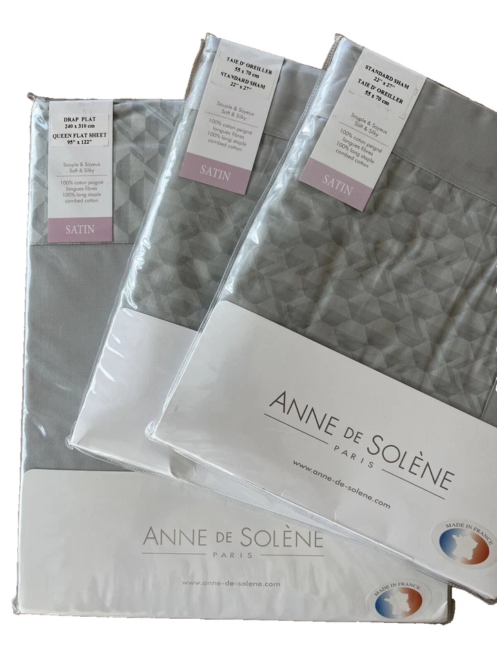 Anne de Solene~FRANCIA~Geometría~ARGENTE~1 Sábana Queen + 2 Fundas~Algodón SATÉN~NUEVO CON ETIQUETAS~ Foto 2 de 4