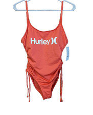 NWT Hurley Cheeky One Piece Swim Suit Women M Coral Spell Out Cross Back Ruched