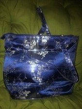 Baby Co. Diaper bag/ Tote bag, Blue Brocade fabric, 14 w x 13 h, metal feet,
