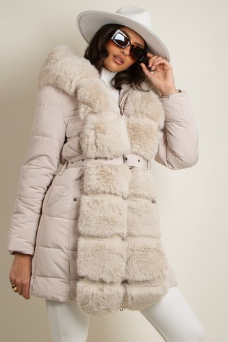 Womens Long Faux Fur Trim Hood Belted 