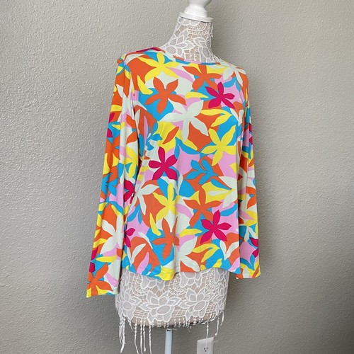Lands End Sz L 14 16 Colorful Floral Retro Crew Swim Tee Rash Guard Long Sleeves - Picture 2 of 10